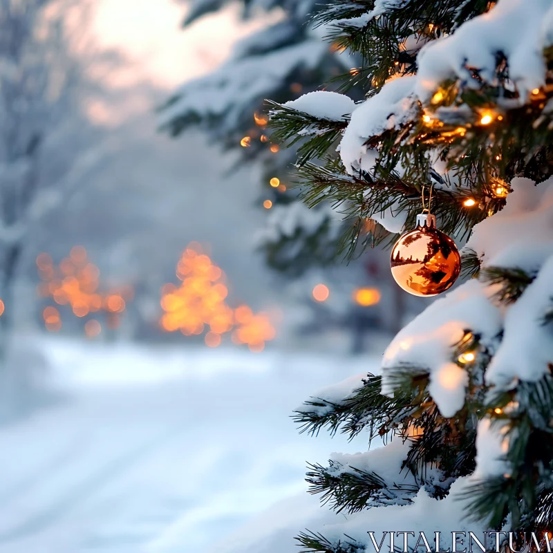 Snow-Covered Christmas Tree with Ornament and Lights AI Image