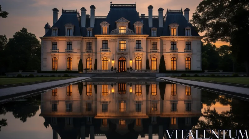 Elegant Chateau Mirrored in Pond at Dusk AI Image