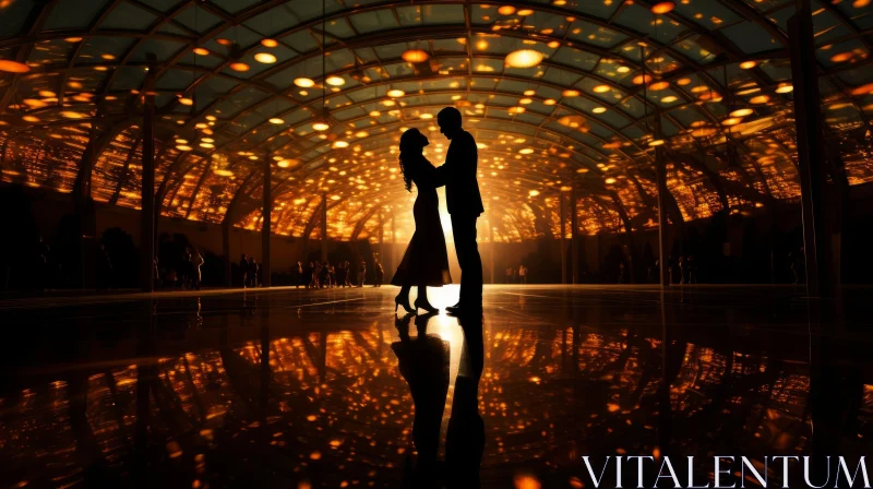 Futuristic Love: Silhouette of Couple Kissing in a Hall of Mirrors AI Image