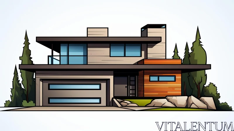 Modern House Illustration with Front Yard and Lawn AI Image