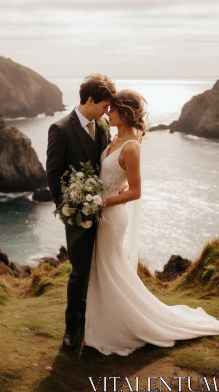 Newlyweds Embrace on Cliff Overlooking Ocean - An Epitome of Serene Elegance AI Image
