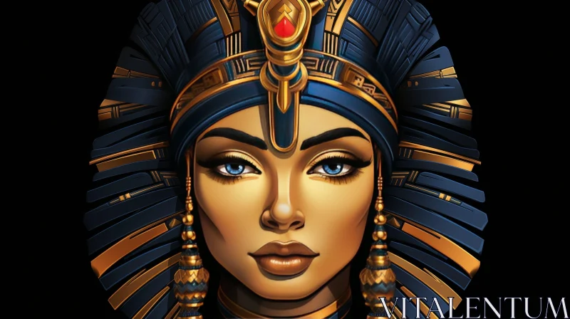 AI ART Regal Egyptian Queen Portrait with Blue and Gold Headdress