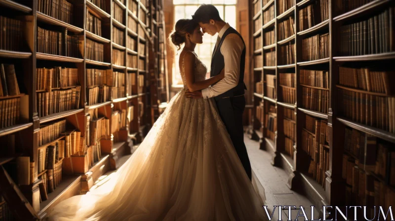 Romantic Wedding Scene in Library AI Image