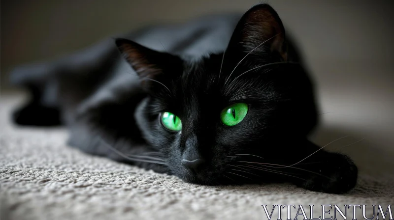 Striking Close-up of a Black Cat with Green Eyes AI Image