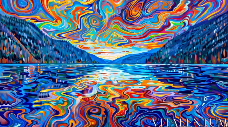 Surreal Mountain Lake Painting AI Image