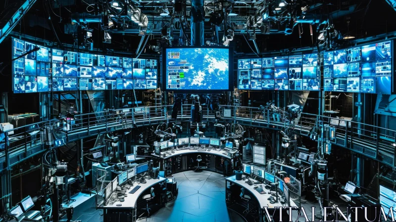 Symmetrical Chaos in a Control Room of Monitors and Televisions AI Image