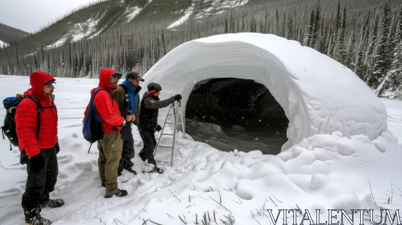 Winter Scene: Three Men in Snow Cave AI Image