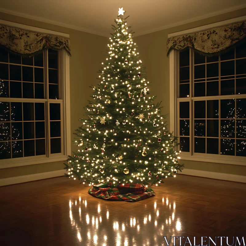 Festive Illuminated Christmas Tree in Comfortable Home Setting AI Image