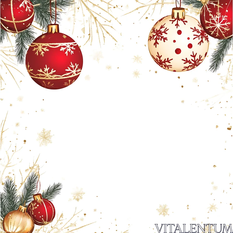 Red and White Christmas Ornaments with Pine Branches AI Image