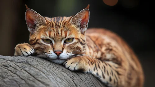 Detailed Cat Resting on Tree Trunk