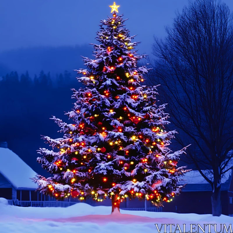 Illuminated Outdoor Christmas Tree in Snow AI Image