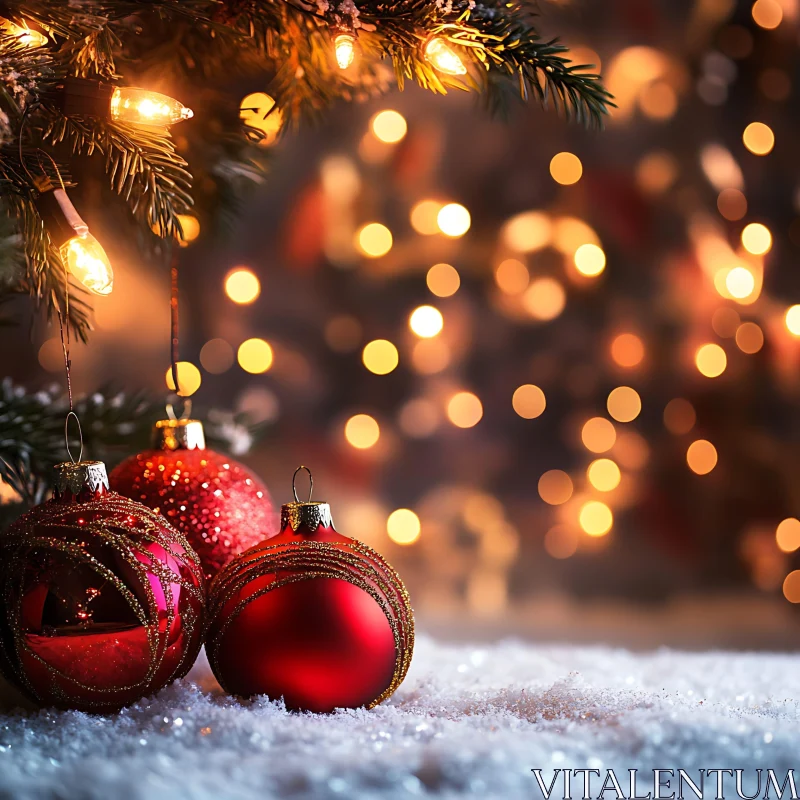 Christmas Tree Decorations with Snow and Lights AI Image