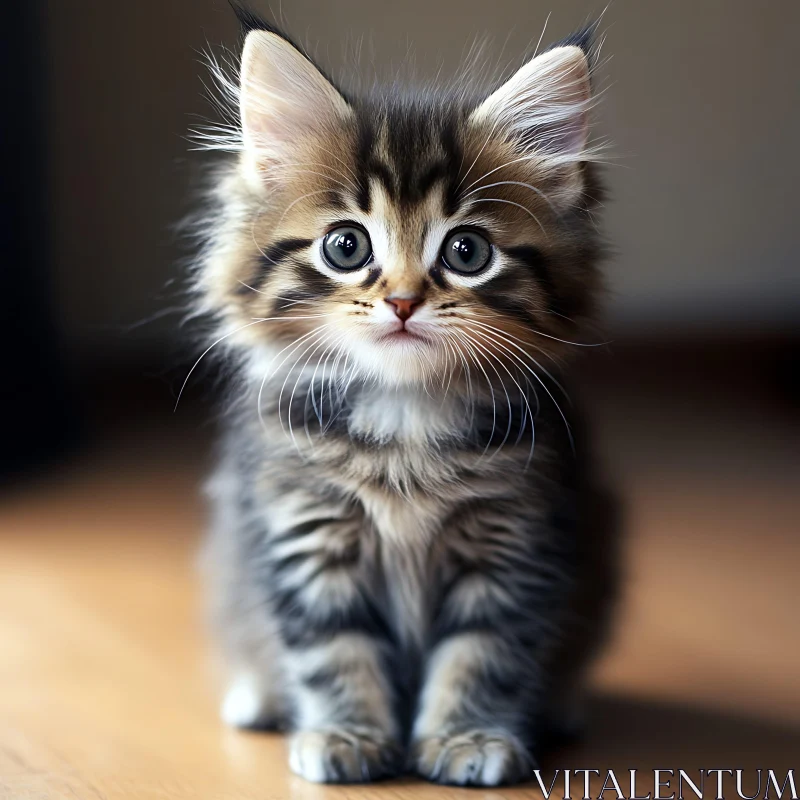 Cute Kitten Sitting on Wooden Floor AI Image