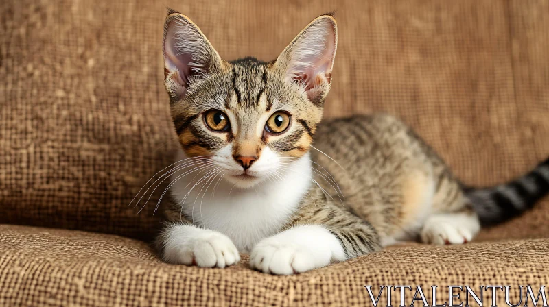 Charming Kitten with Yellow Eyes on Brown Fabric AI Image