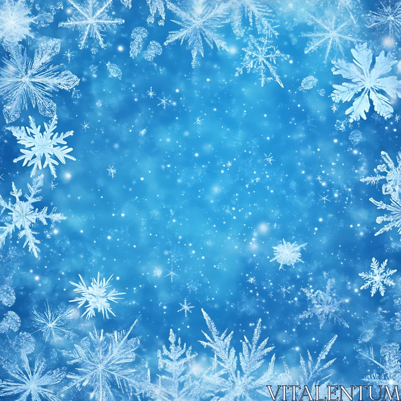 Delicate Winter Snowflakes Border on Blue AI Image