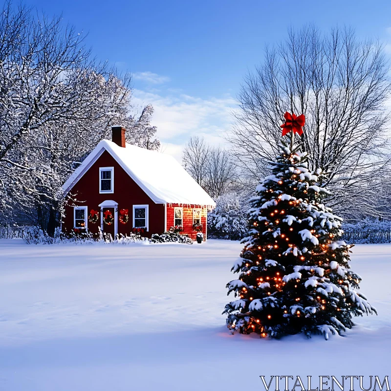 Snowy Red House and Decorated Christmas Tree AI Image