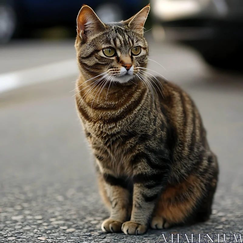 Alert Tabby Cat on Pavement AI Image