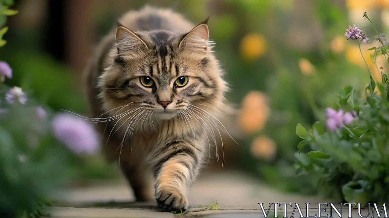 Fluffy Cat Walking in a Garden AI Image