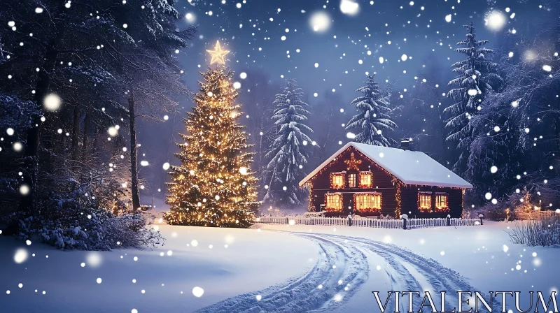 AI ART Enchanting Holiday Scene with Festive Cabin and Tree