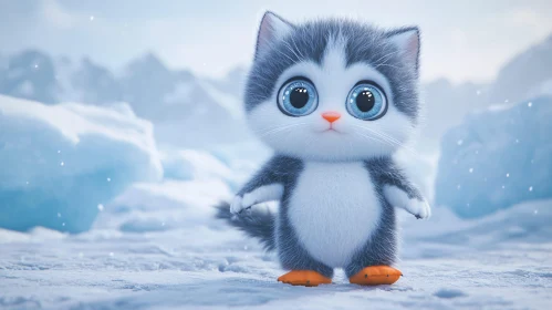 Cute Animated Kitten in Winter Wonderland