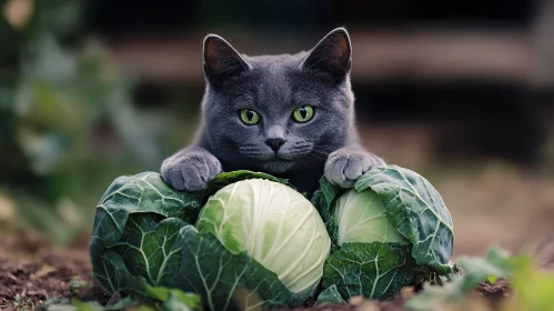 Feline in Garden with Cabbage