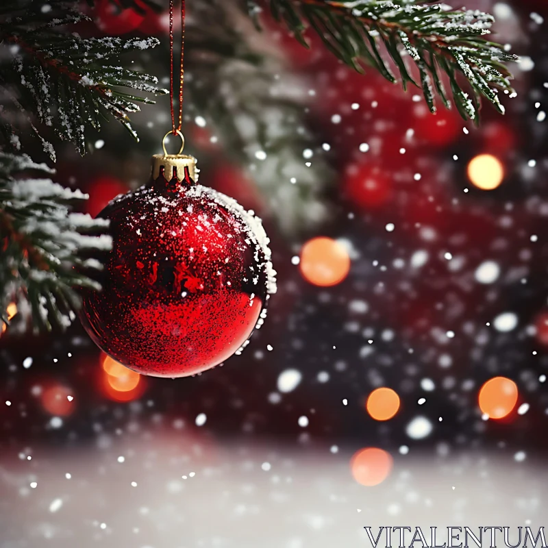 Festive Red Bauble with Snowflakes and Lights AI Image