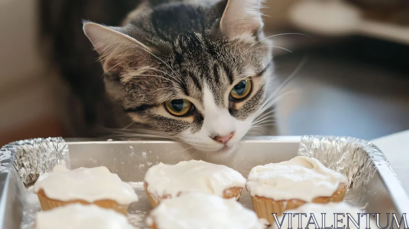 AI ART Cat Gazing at Cupcakes in the Kitchen