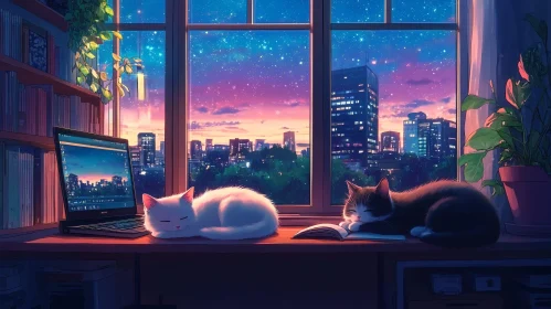 Serene Cats napping in Cozy Interior with Urban View and Starry Sky