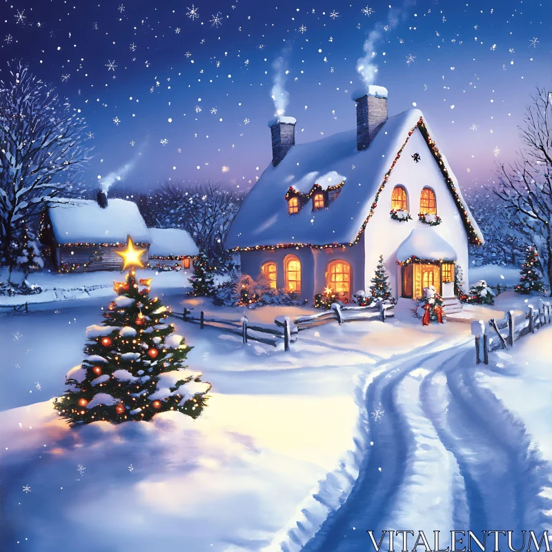 Winter Holiday Scene with Christmas Lights and Snow AI Image