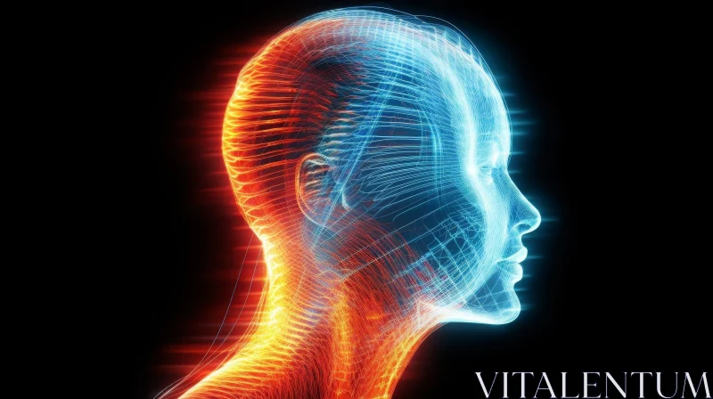 Blue and Orange Glowing Lines Female Head Profile 3D Illustration AI Image