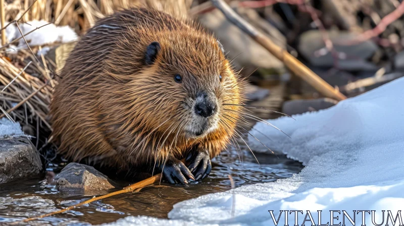 Brown Beaver Sitting by Snow-Covered River AI Image