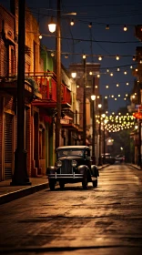 Captivating Night Scene with Vintage Car: Enchanting Street Decor