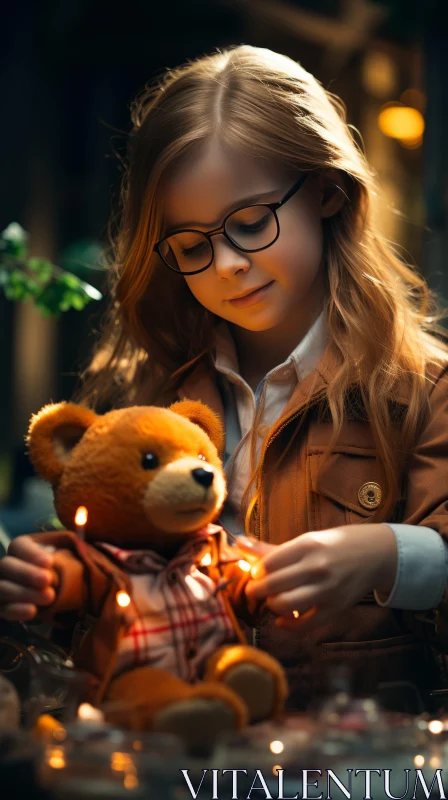 Child with Teddy Bear in Festive Night Atmosphere AI Image
