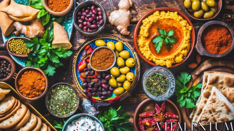 Delicious Middle Eastern and Mediterranean Food Ingredients on a Rustic Wooden Table AI Image