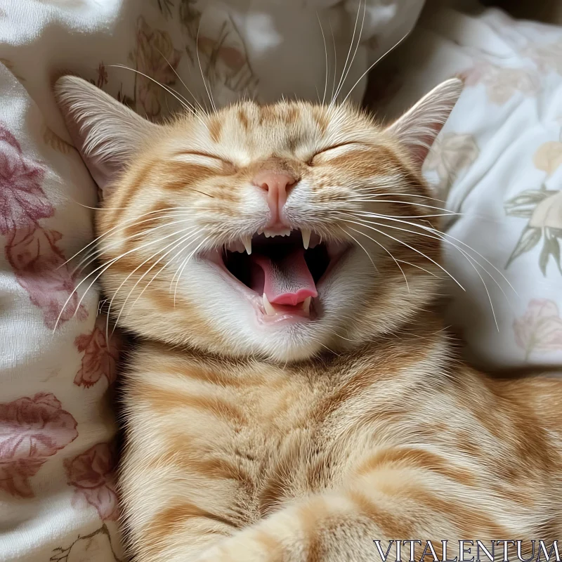 Yawning Orange Cat on Floral Bedding AI Image