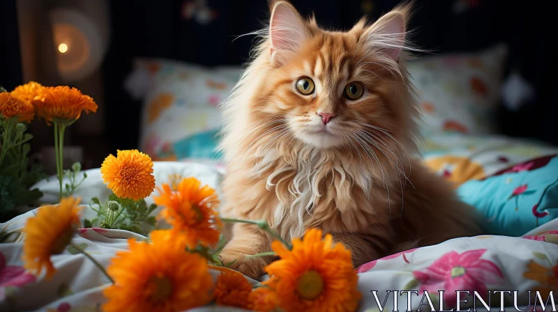 Ginger Cat Among Orange Flowers AI Image
