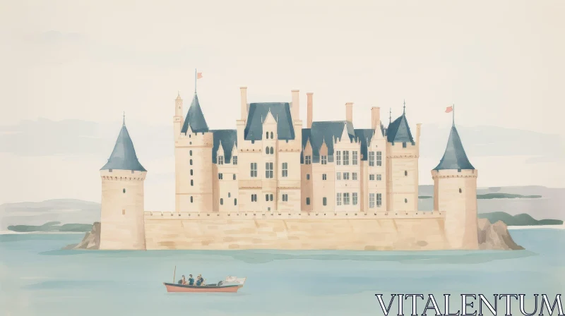 AI ART Majestic Castle Watercolor Painting on Lake
