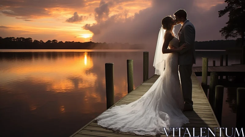 Romantic Wedding Scene on a Dock at Sunset AI Image
