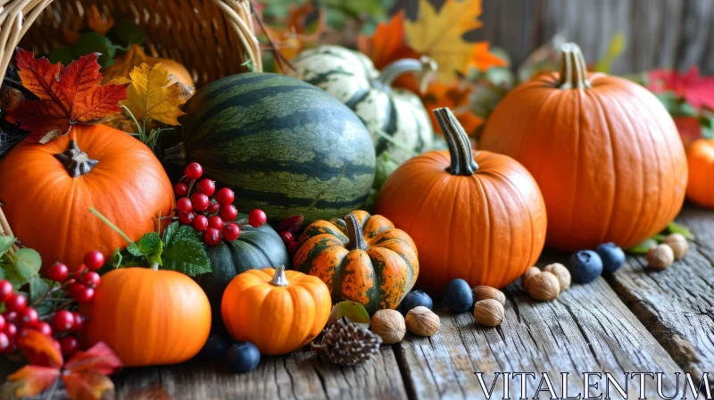AI ART Rustic Autumn Still Life: Pumpkins and Gourds in a Wicker Basket