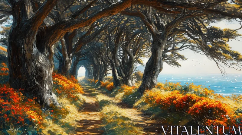 Serene Landscape Painting: Path Through Majestic Cypress Forest AI Image