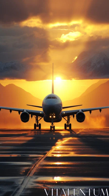 Serene Sunset Landing: Passenger Plane on Runway AI Image