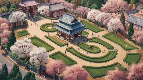Tranquil Japanese Garden Aerial View