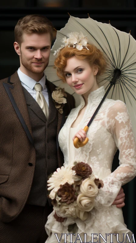 Vintage-Inspired Couple with Umbrella in Amber and White AI Image