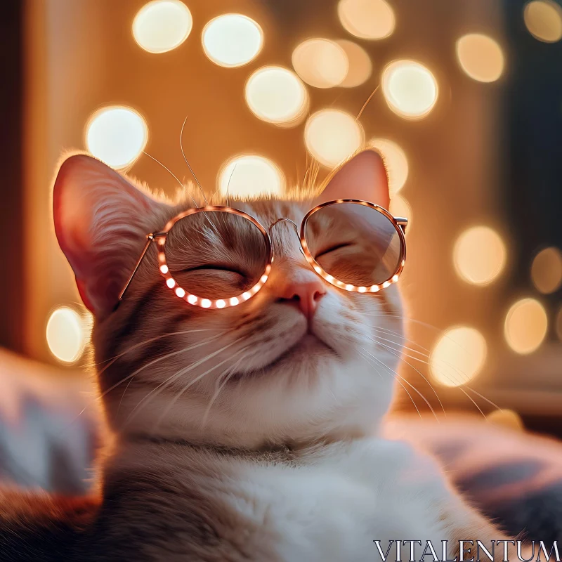 Blissful Cat Wearing Glasses with Bokeh Background