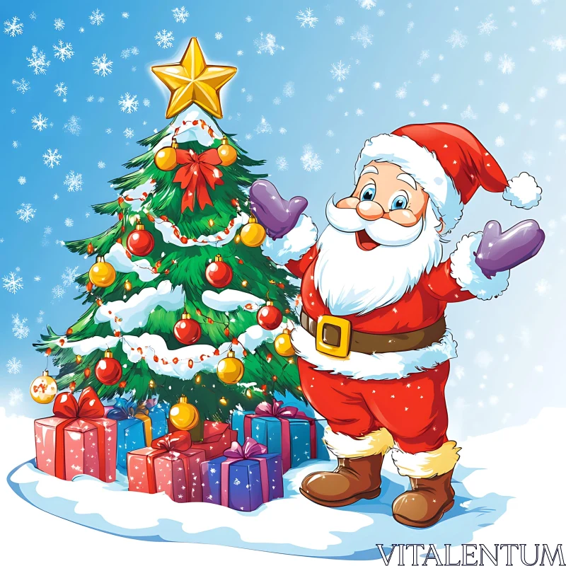 Festive Santa with Christmas Tree and Presents