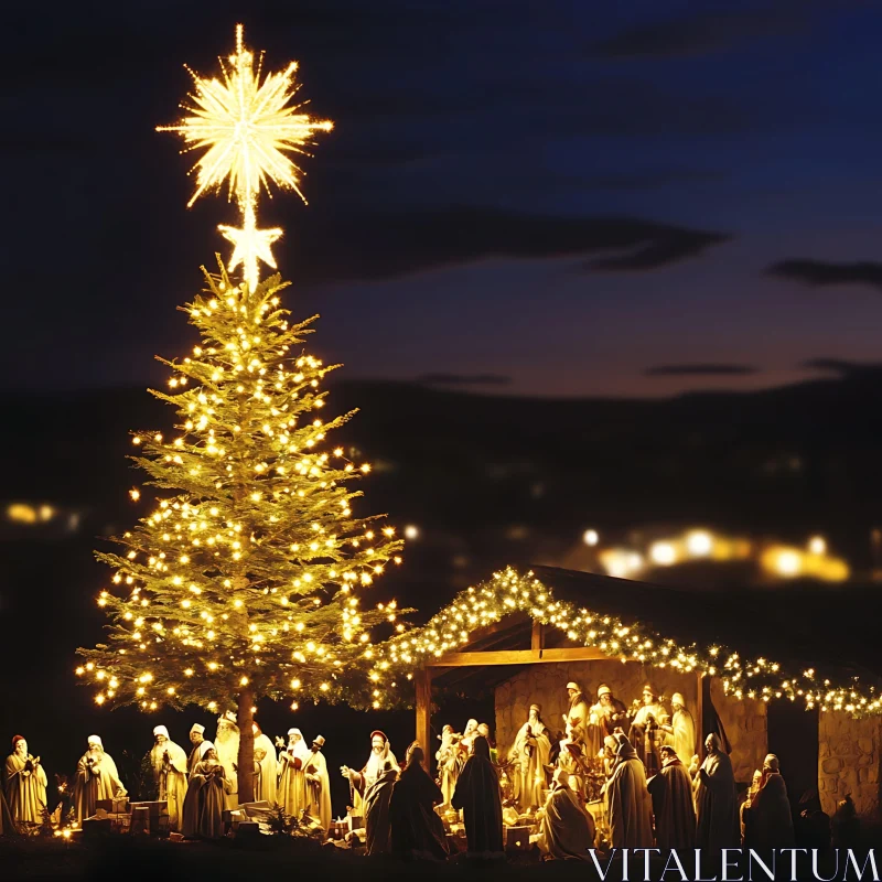 Festive Christmas Tree and Nativity Display AI Image