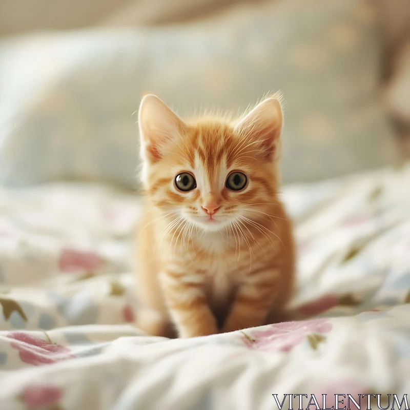 Cute Ginger Kitten Sitting on Bedding