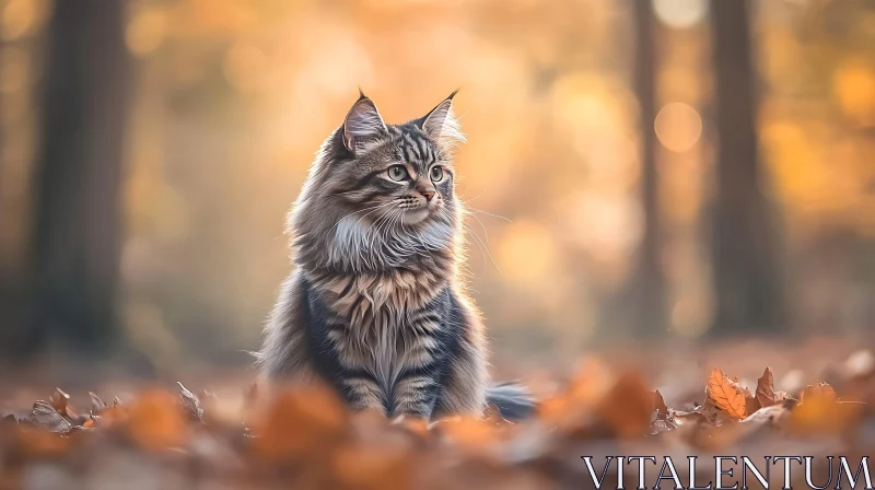 Majestic Tabby Cat Amidst Autumn Leaves