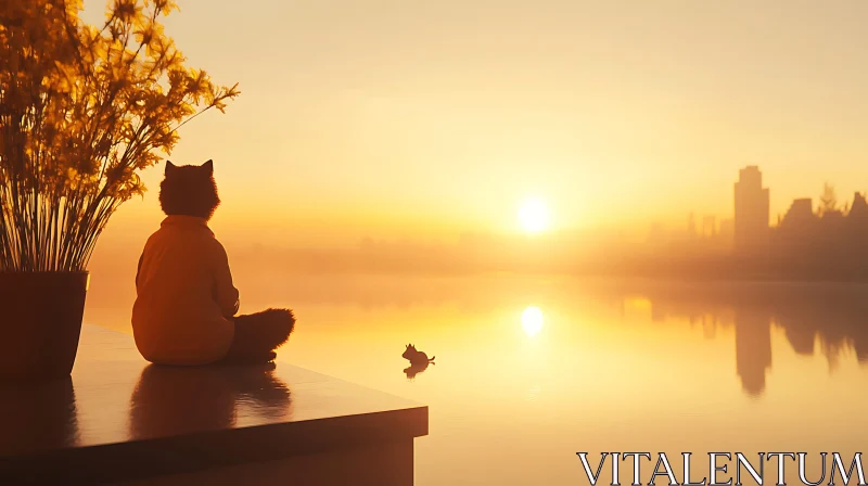 Serene Cat at Sunset by Water with City in Background