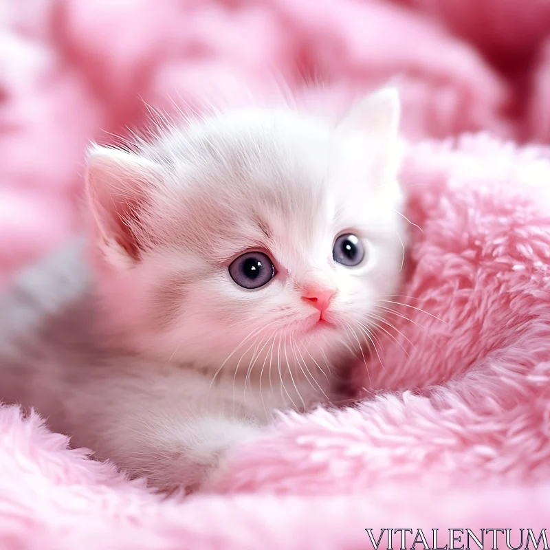 Cute Baby Cat with Blue Eyes on Pink Blanket